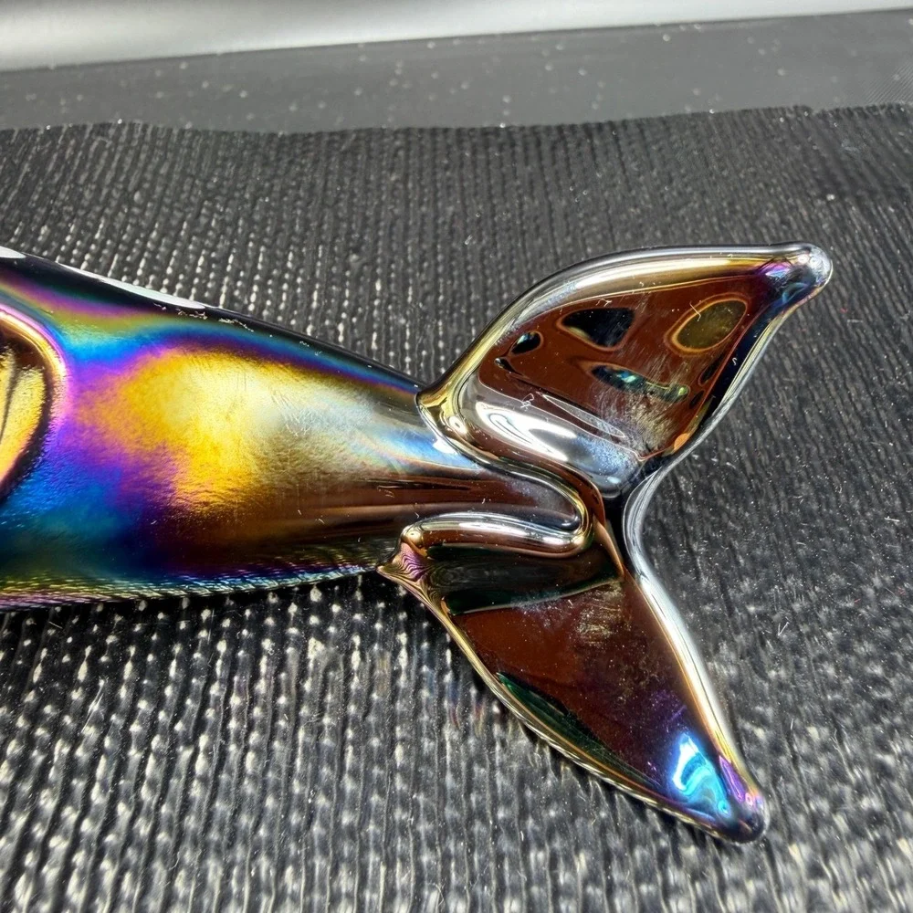 Pele of Hawaii Glass Iridescent Dolphin Figurine Carnival Glass White Spotted